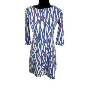 Mahi Gold Dress Womens Size Small Blue White Pink Abstract 3/4 Sleeve Knee